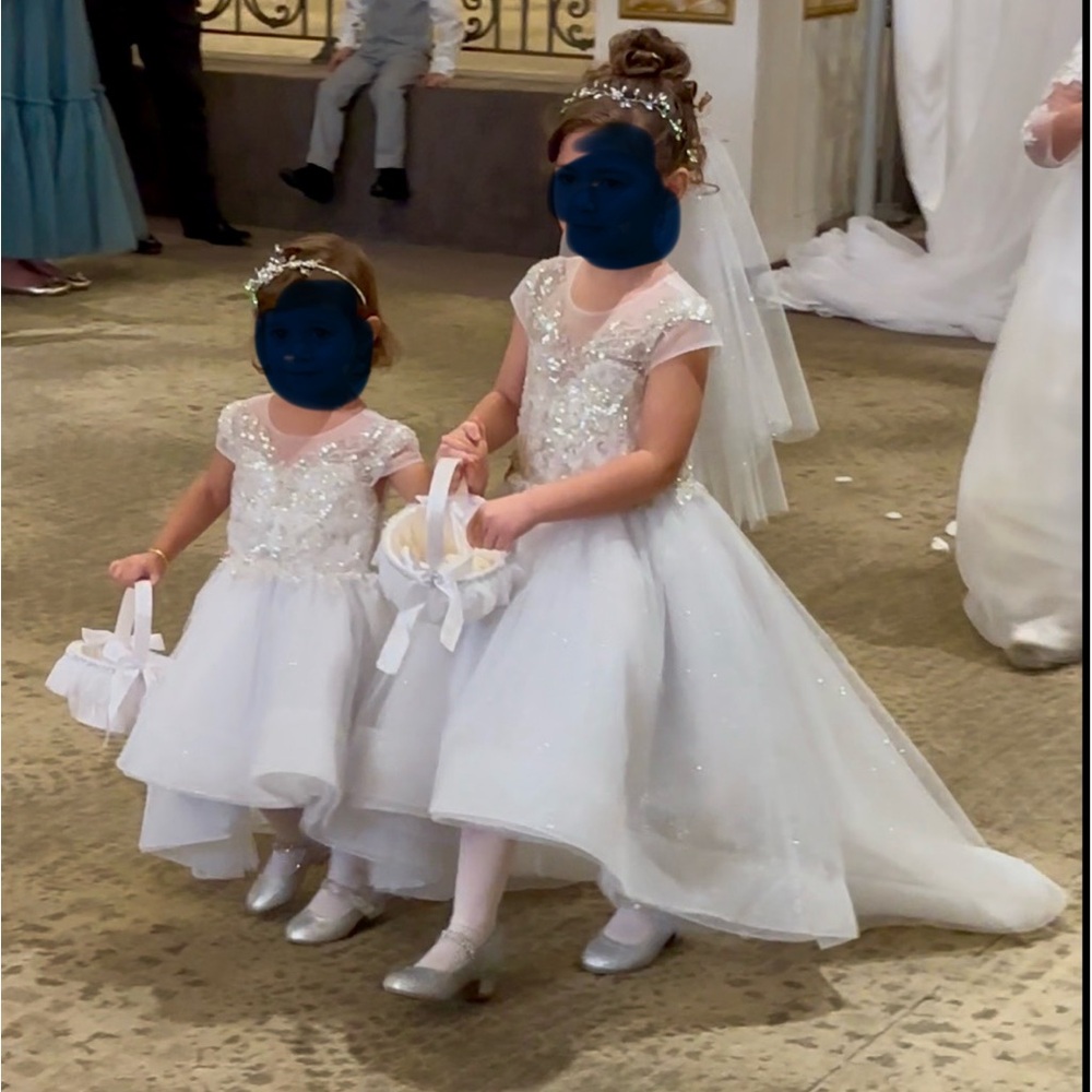 White Sparkle Tulle Flower Girl Dress with Beaded Bodice